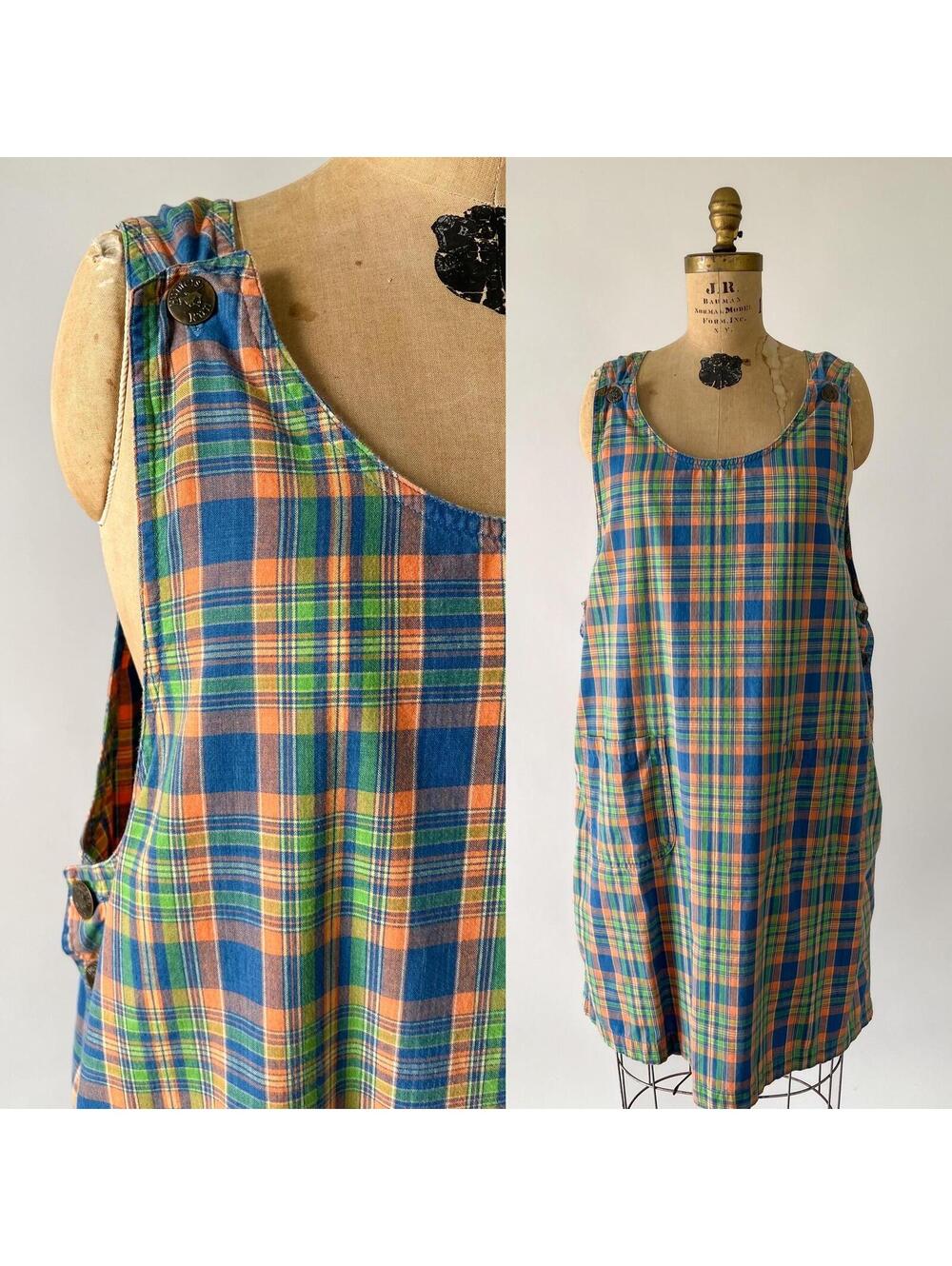 Vintage 1990s Blue Green Orange Madras Plaid Cotton Pinafore Jumper Dress XL